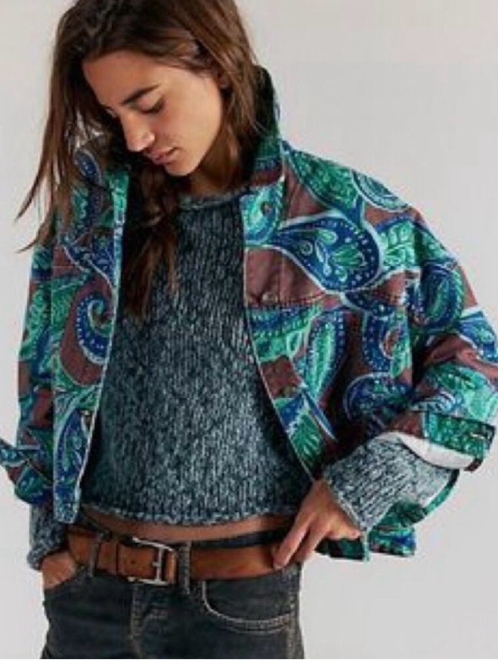 NWOT Free People We The Free Opal Swing Printed Denim Jacket,XS fits oversized.